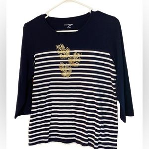 Kim Rogers shirt, size large petite. Navy and white striped.